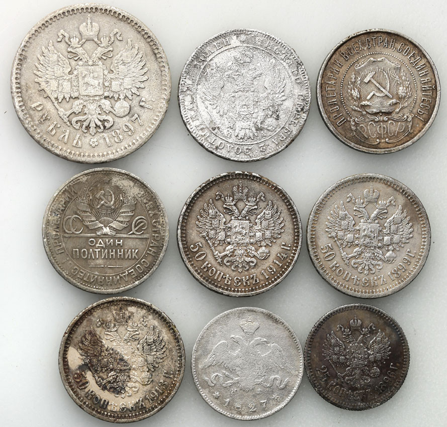 Rosja. 20 kopiejek do rubla 1827-1924 - zestaw 9 monet